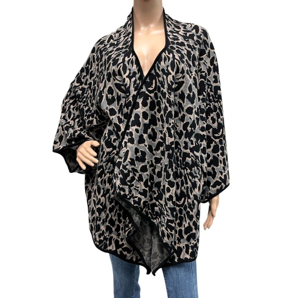 ALFANI Women's Leopard Print Cape Pancho Shawl Open Front Cardigan Sz 2X